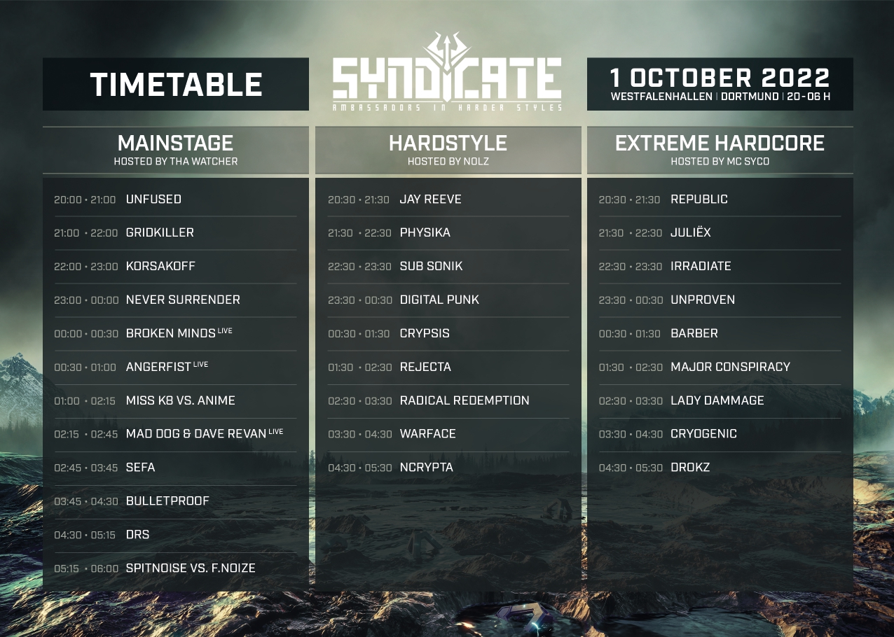Check die Timetables und alle wichtigen infos für SYNDICATE SYNDICATE